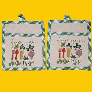 DII Design Imports Pot Holder Set Fresh Off The Farm Green White Cotton